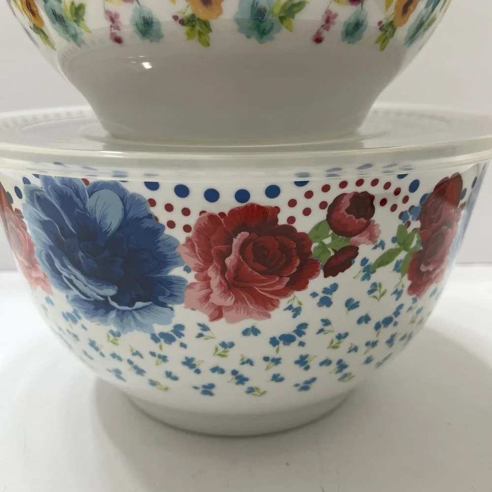 The Pioneer Woman Heritage Flower Melamine Nesting Mixing Bowls W/Lids Set Of 3
